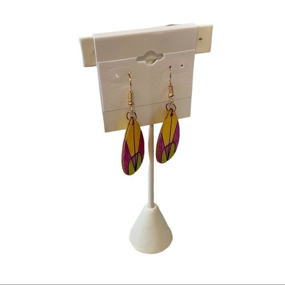 Hand-crafted & painted lightweight wood teardrop shaped Drop earrings. - Picture 4 of 6